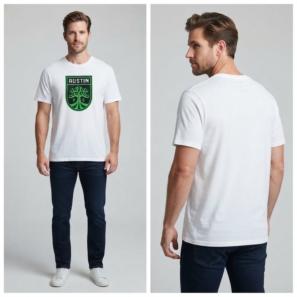 Austin FC MLS Soccer T-Shirt Fanatics Men's Medium White Green Crest Logo‎ Tee